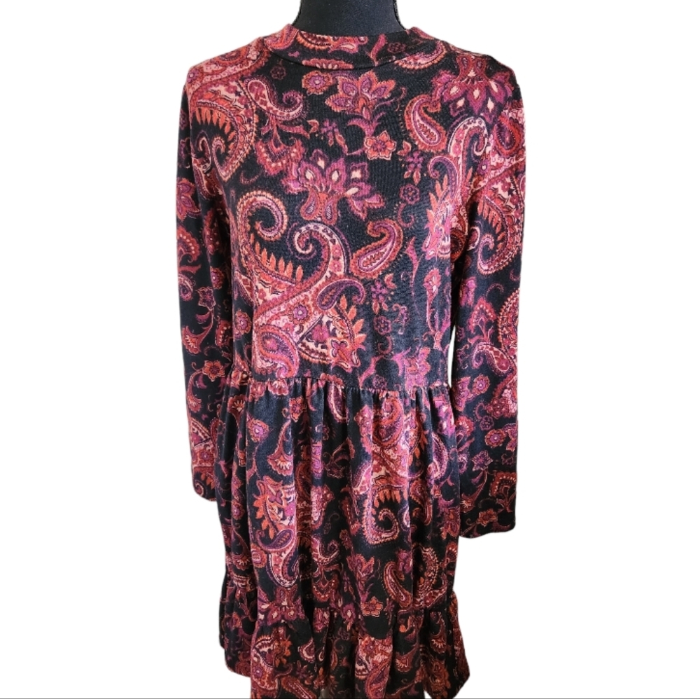 EMMA & MICHELE long sleeve drop waist shift dress paisley red purple black sz M